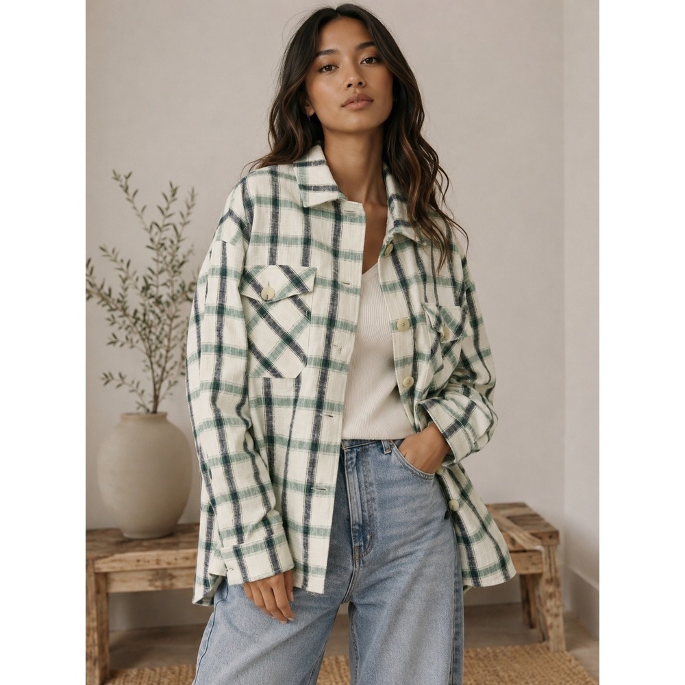 Zara‎ Womens XL Green Black Plaid Button Down Shacket Oversized Textured Jacket